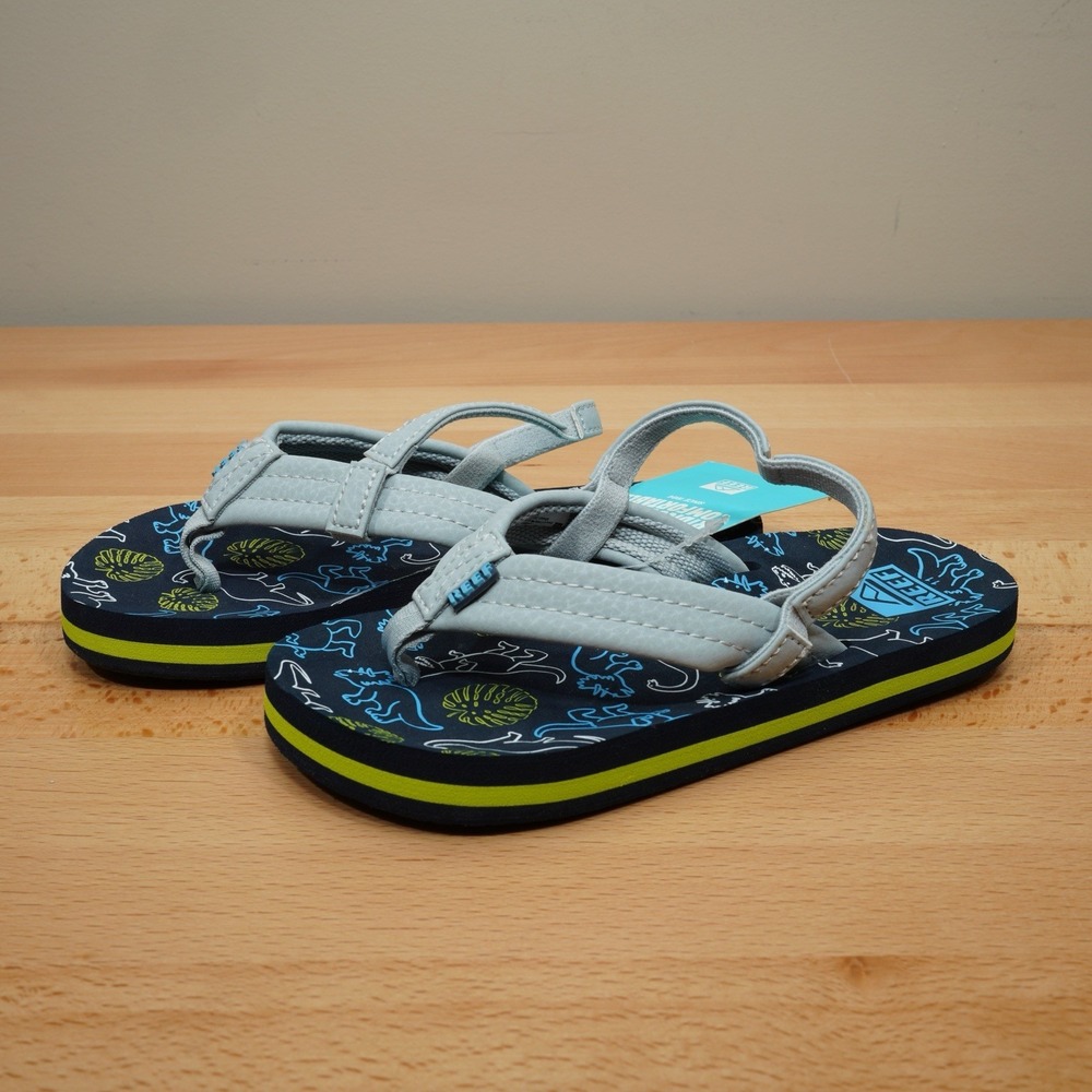 Reef Flip Flops Boys 11 Little Ahi Dinosaur Sandals Navy Gray NEW